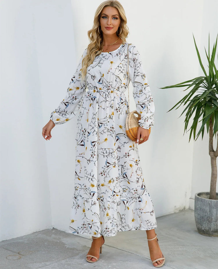 Women Eid Muslim Dresses Tight Waist O Neck Ruffles Spliced Casual Vestidos Flowers Dress Dubai Kaftan Islam Morocco Arab ShedPoundsPortal