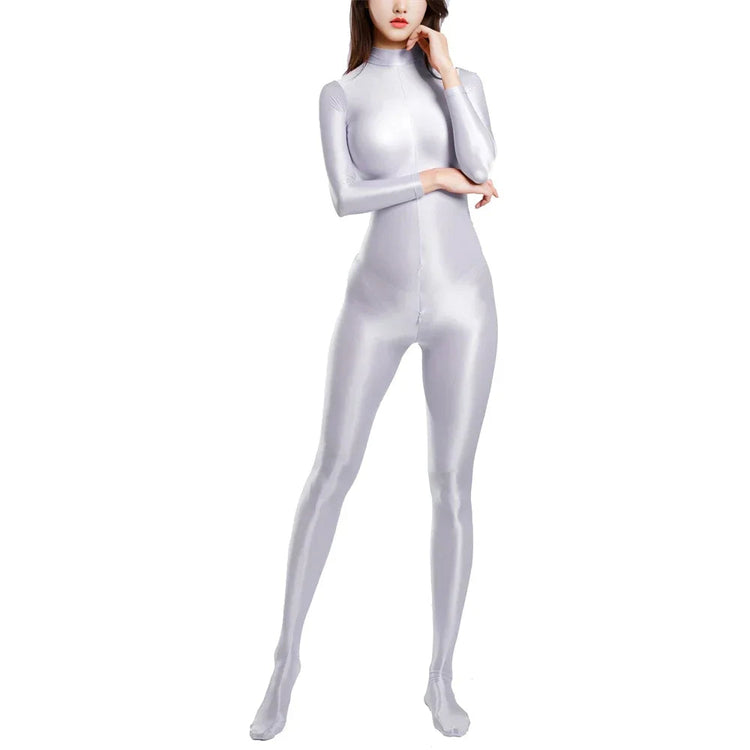 Sexy Women Zipper Full Body Jumpsuit Oil Glossy Sheer Solid Color Tights Bodysuits Long Sleeve Catsuits Smooth Swimsuits Rompers ShedPoundsPortal