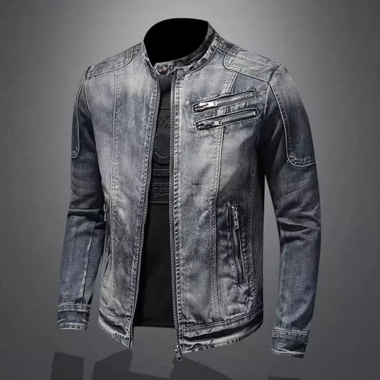 Trendy Stand Collar Zip-Uplapel Motorcycle Denim Jacket Unique Vintage Sports Top For Men Casual Trendy Brand Jacket ShedPoundsPortal