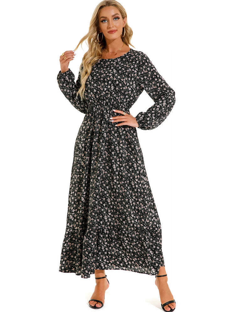 Women Eid Muslim Dresses Tight Waist O Neck Ruffles Spliced Casual Vestidos Flowers Dress Dubai Kaftan Islam Morocco Arab ShedPoundsPortal