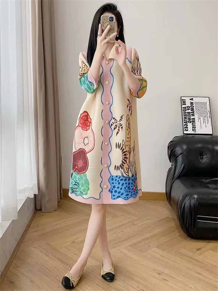 Womens Dresses Evening Dresses Beautiful Lssey Miyake Pleated Dress Summer new Fashion Lapel Loose Slim Long Print Fat mm Skirt ShedPoundsPortal