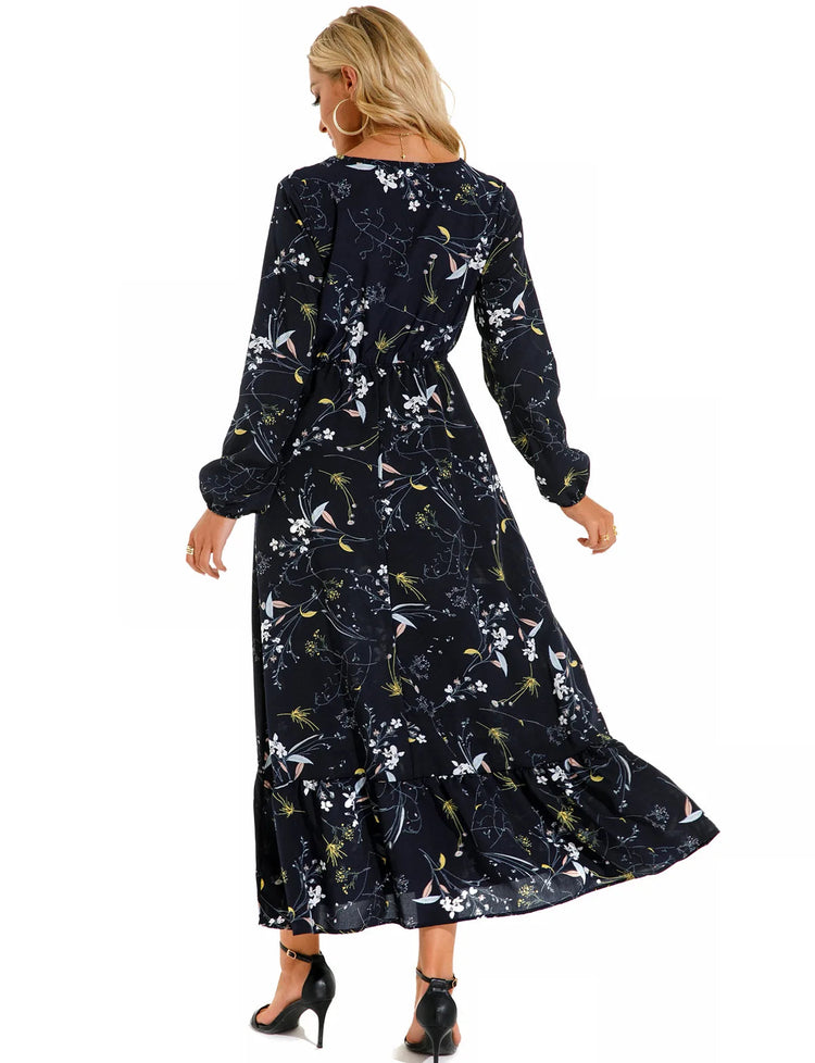 Women Eid Muslim Dresses Tight Waist O Neck Ruffles Spliced Casual Vestidos Flowers Dress Dubai Kaftan Islam Morocco Arab ShedPoundsPortal
