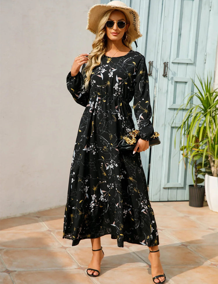 Women Eid Muslim Dresses Tight Waist O Neck Ruffles Spliced Casual Vestidos Flowers Dress Dubai Kaftan Islam Morocco Arab ShedPoundsPortal