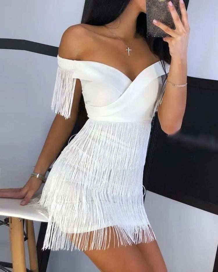 Women Evening Dresses Sexy Big V Neck One-shoulder Fringed Skirt Ladies Temperament Slim Dress Short Sleeve Club Dress Vestidos ShedPoundsPortal