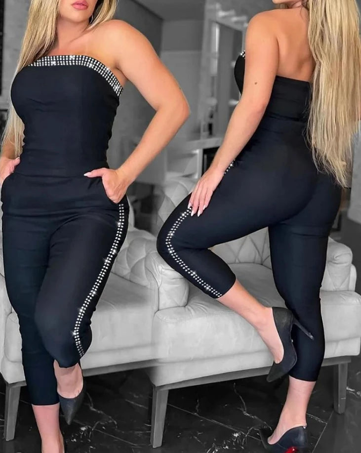 Jumpsuit Women 2024 Summer Fashion Rhinestone Decor Bandeau Sleeveless Sexy Backless Pocket Design Skinny Daily Long Jumpsuit ShedPoundsPortal