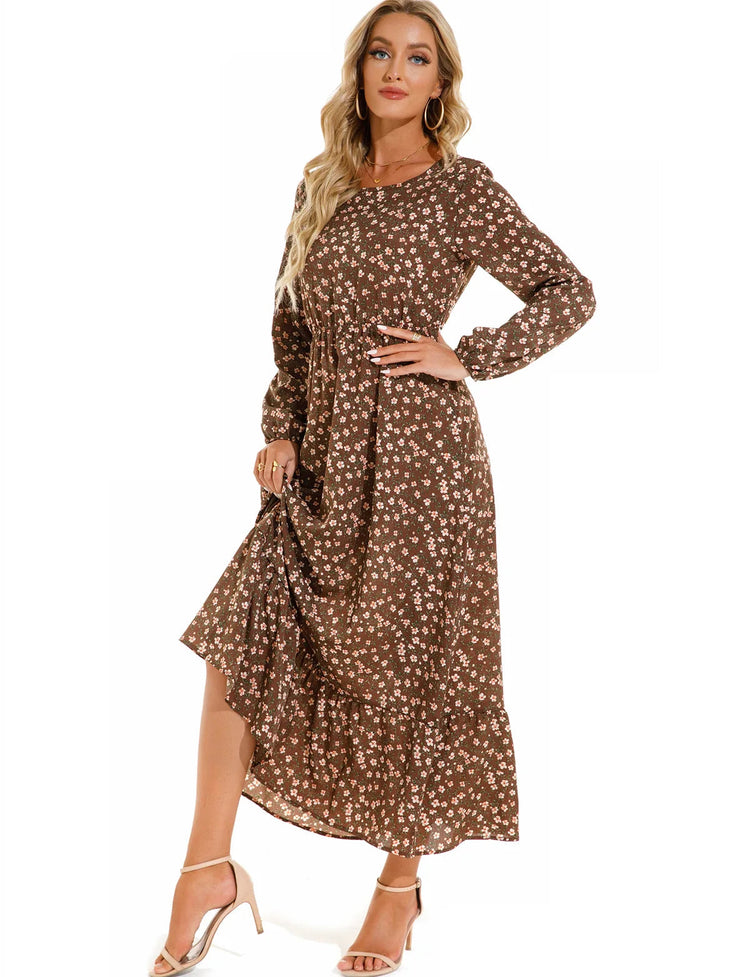 Women Eid Muslim Dresses Tight Waist O Neck Ruffles Spliced Casual Vestidos Flowers Dress Dubai Kaftan Islam Morocco Arab ShedPoundsPortal