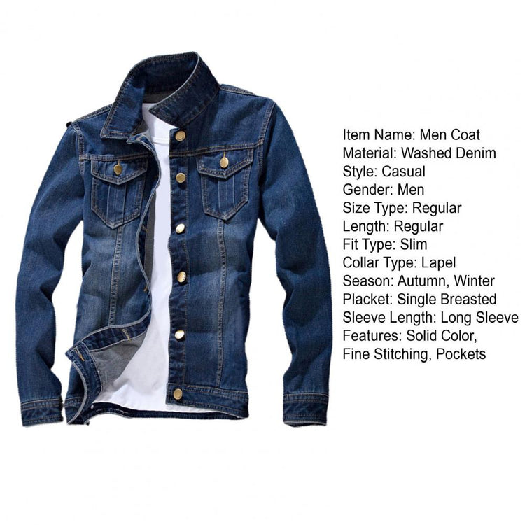 Men Jeans Jacket Stylish Pure Color Slim Fit Jeans Jacket Vintage Men Denim Jacket ShedPoundsPortal
