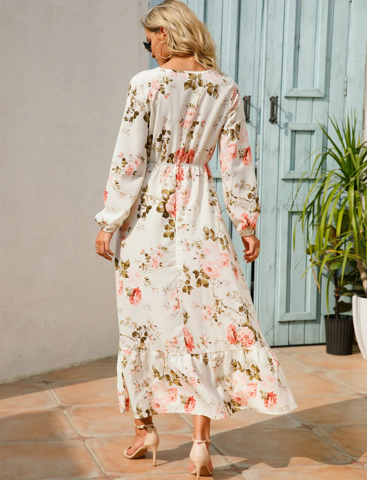 Women Eid Muslim Dresses Tight Waist O Neck Ruffles Spliced Casual Vestidos Flowers Dress Dubai Kaftan Islam Morocco Arab ShedPoundsPortal