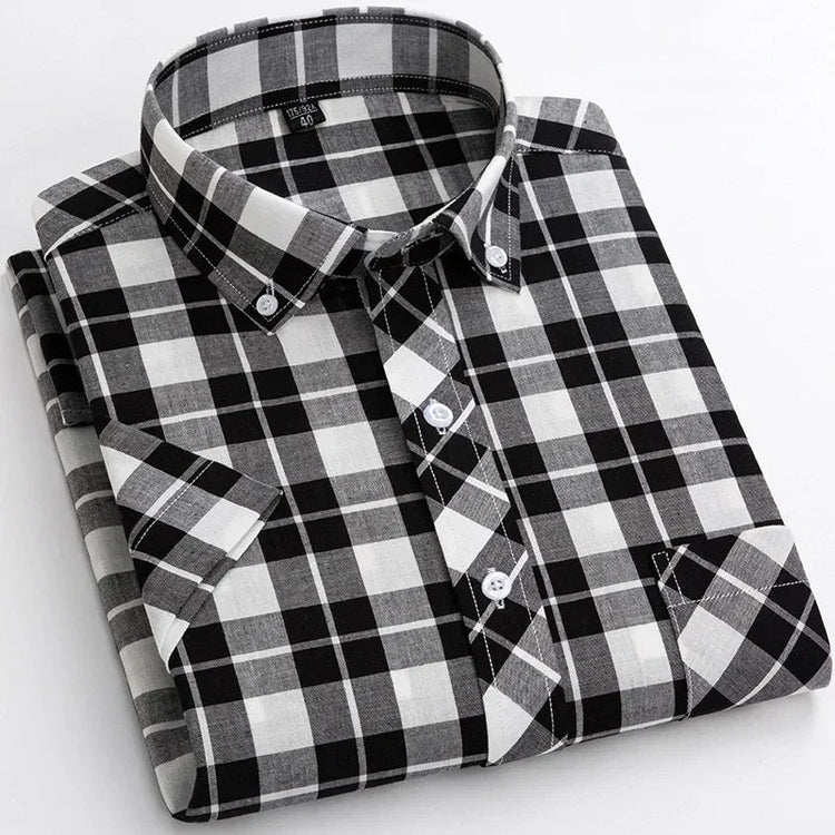 2025 Summer Cotton Plaid Short Sleeve Shirts For Men Plus Size Regular Fit Classic Young England Style Shirts Man&
