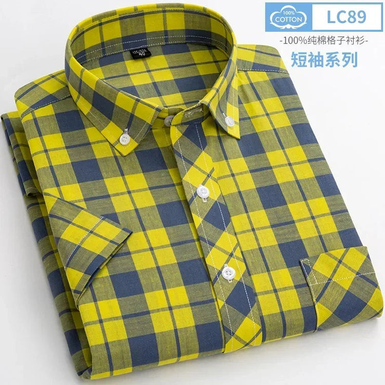 2025 Summer Cotton Plaid Short Sleeve Shirts For Men Plus Size Regular Fit Classic Young England Style Shirts Man&