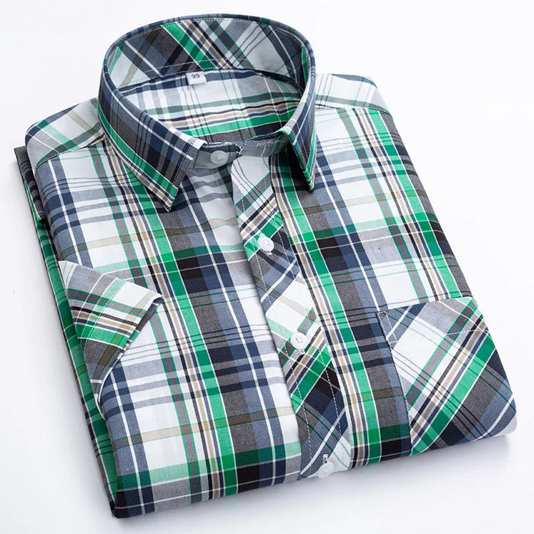2025 Summer Cotton Plaid Short Sleeve Shirts For Men Plus Size Regular Fit Classic Young England Style Shirts Man&