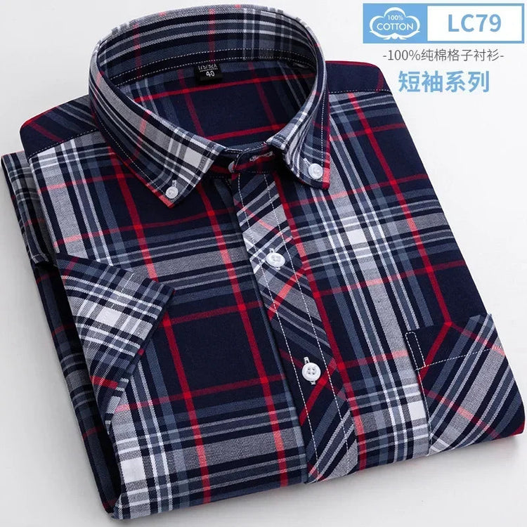 2025 Summer Cotton Plaid Short Sleeve Shirts For Men Plus Size Regular Fit Classic Young England Style Shirts Man&