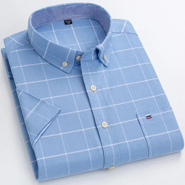 Cotton Fabric Breathable Men Oxford Short Sleeve Summer Plaid Striped Male Shirt Business Regular Fit Oversized Clothes ShedPoundsPortal