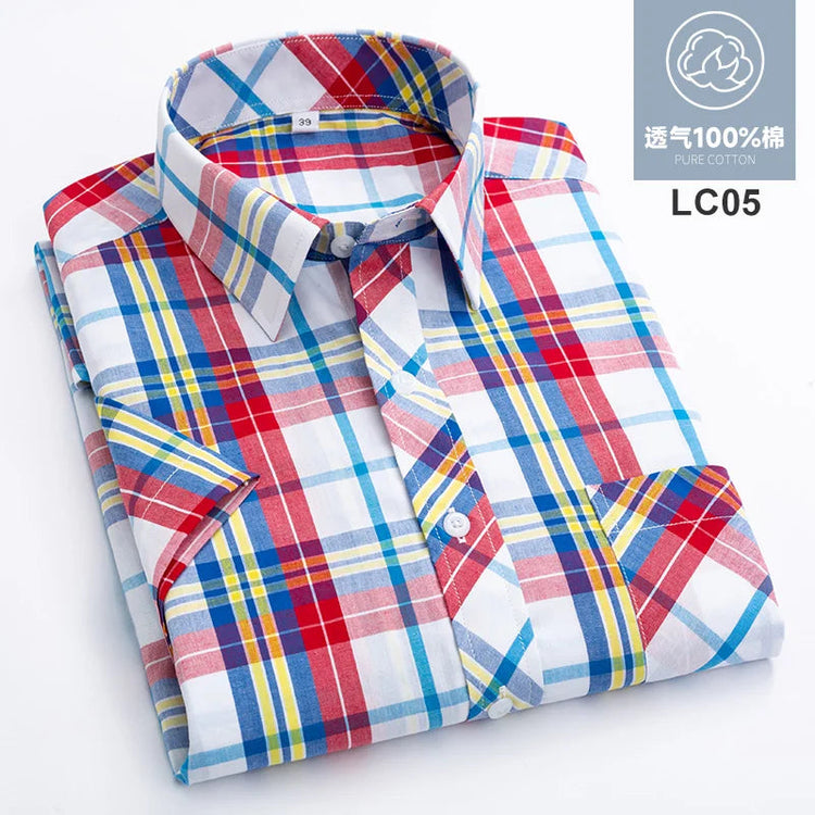 2025 Summer Cotton Plaid Short Sleeve Shirts For Men Plus Size Regular Fit Classic Young England Style Shirts Man&