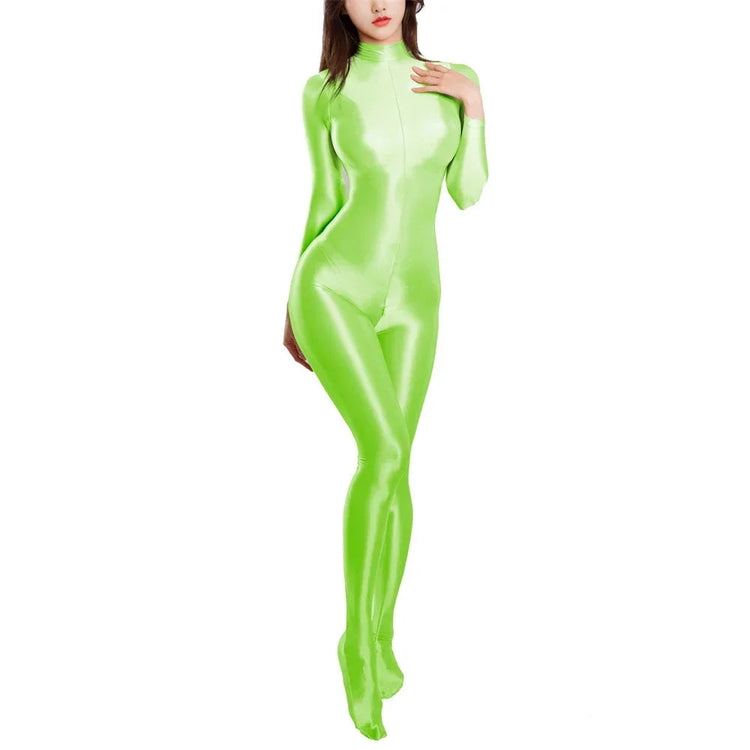 Sexy Women Zipper Full Body Jumpsuit Oil Glossy Sheer Solid Color Tights Bodysuits Long Sleeve Catsuits Smooth Swimsuits Rompers ShedPoundsPortal