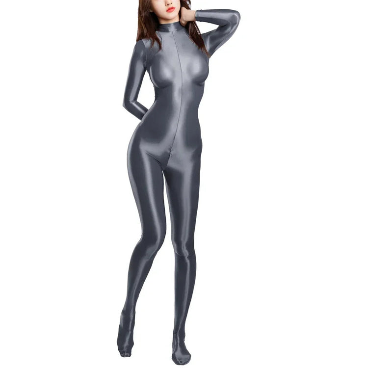 Sexy Women Zipper Full Body Jumpsuit Oil Glossy Sheer Solid Color Tights Bodysuits Long Sleeve Catsuits Smooth Swimsuits Rompers ShedPoundsPortal