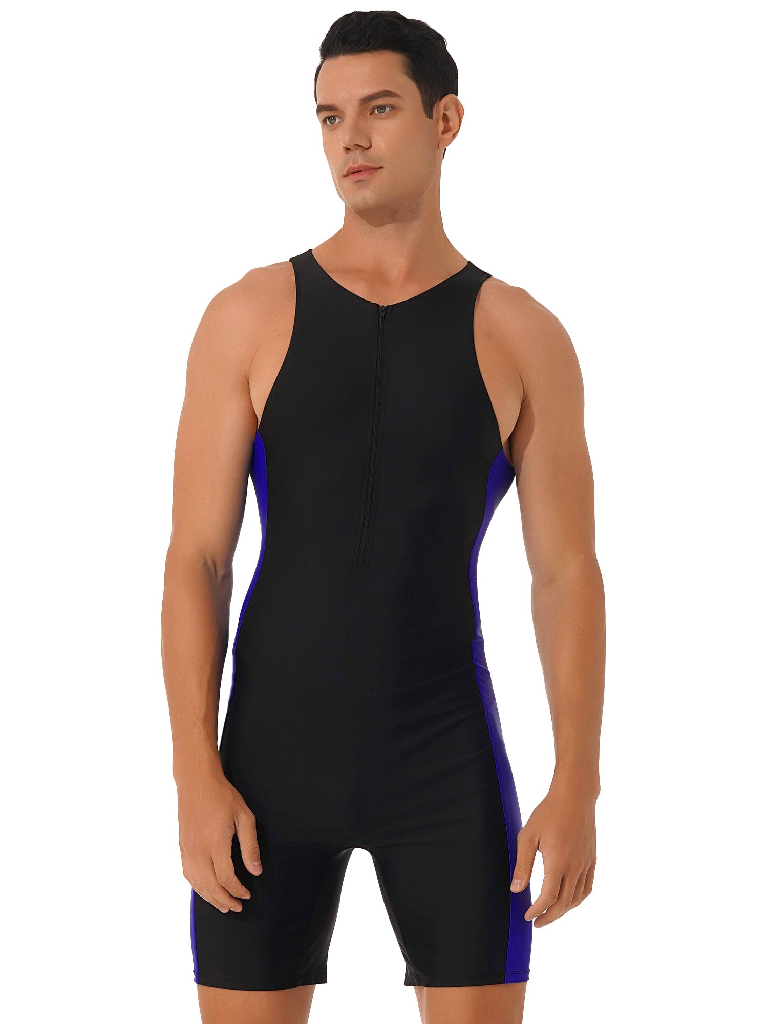 Mens Swimwear One-piece Wetsuit Swimming Bathing Suit Round Neck Sleeveless Side Shorts Bodysuit Triathlon Front Zipper Swimsuit ShedPoundsPortal