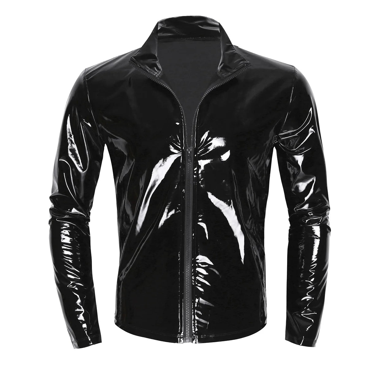 Men Wet Look Patent Leather Coat Long Sleeve Front-Zip Shiny Metallic Tops Fashion Man&