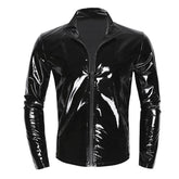 Men Wet Look Patent Leather Coat Long Sleeve Front-Zip Shiny Metallic Tops Fashion Man&