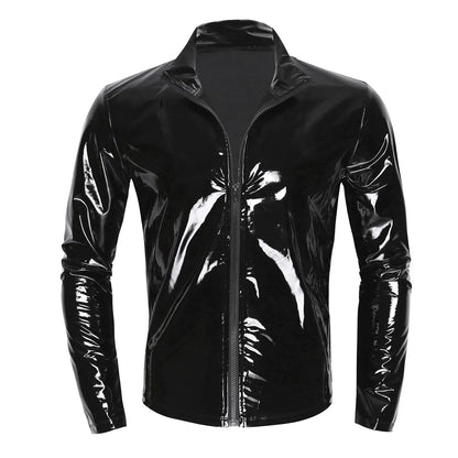 Men Wet Look Patent Leather Coat Long Sleeve Front-Zip Shiny Metallic Tops Fashion Man&