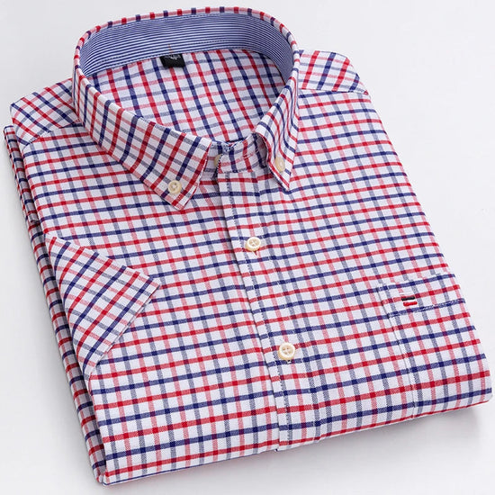 Branded Cotton Shirts for Men Short Sleeve Summer Plus Size Plaid Shirt Striped Male Shirt Business Casual White New Regular Fit ShedPoundsPortal