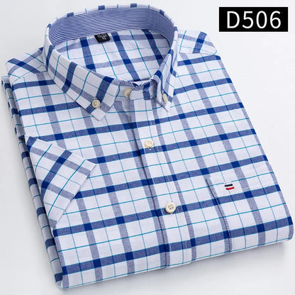Branded Cotton Shirts for Men Short Sleeve Summer Plus Size Plaid Shirt Striped Male Shirt Business Casual White New Regular Fit ShedPoundsPortal