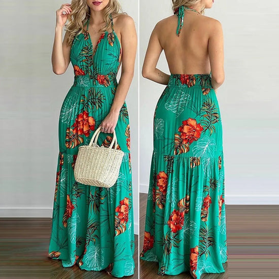 Sexy Boho Beach Dress Women Casual Tropical Floral Print Robe Halter Backless Maxi Dresses Summer Sleeveless Sundress