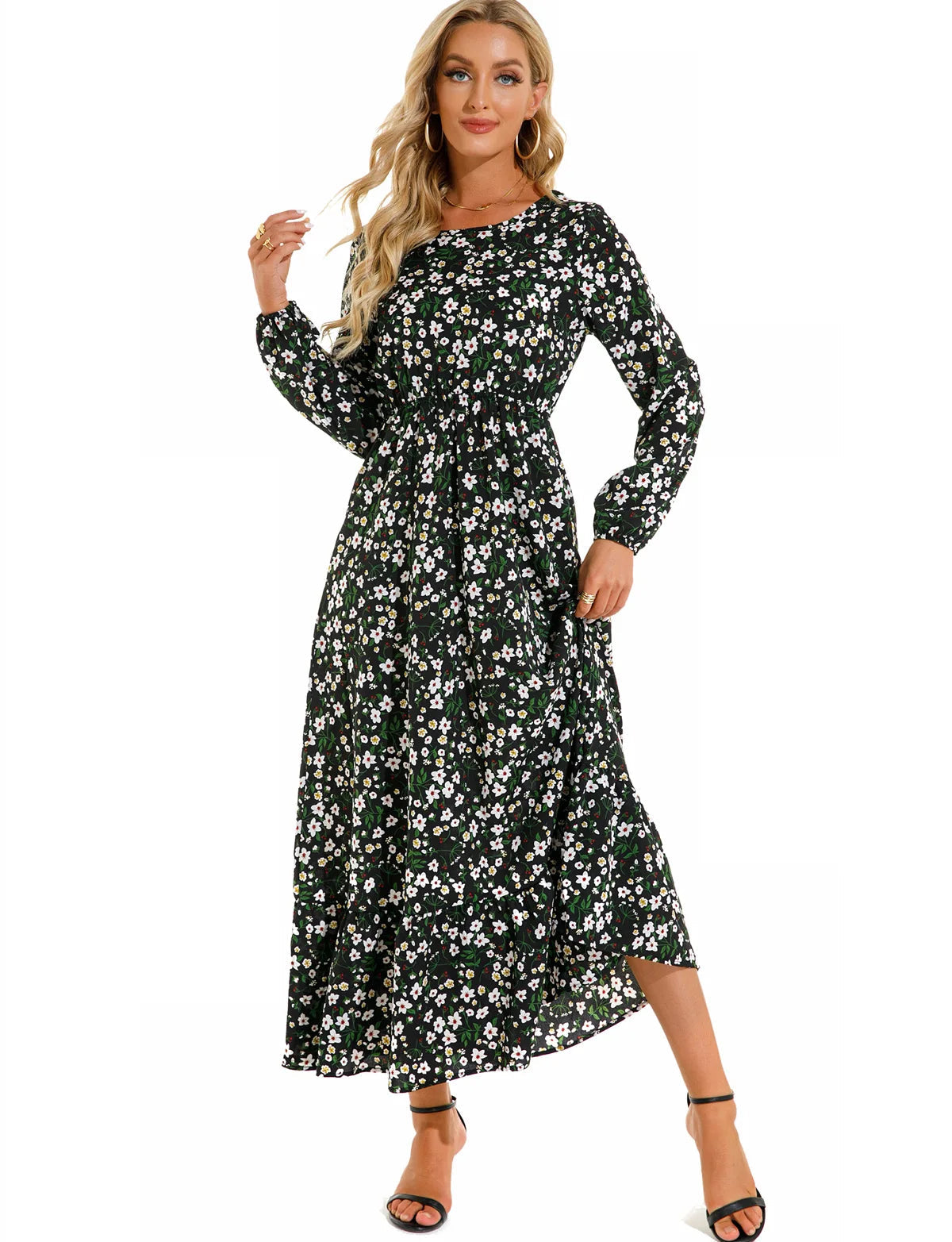 Women Eid Muslim Dresses Tight Waist O Neck Ruffles Spliced Casual Vestidos Flowers Dress Dubai Kaftan Islam Morocco Arab ShedPoundsPortal