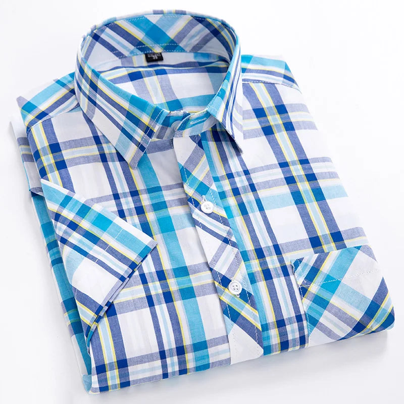 2025 Summer Cotton Plaid Short Sleeve Shirts For Men Plus Size Regular Fit Classic Young  England  Style Shirts Man&