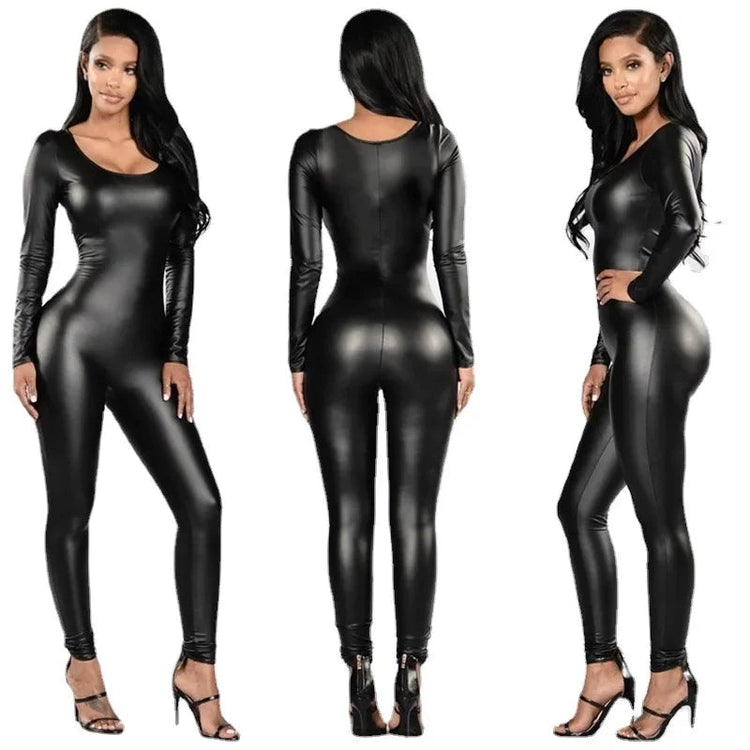 Women Jumpsuit Patent Leather Sexy Black Long Sleeve Jumpsuit Female Uniform Bodysuit ShedPoundsPortal