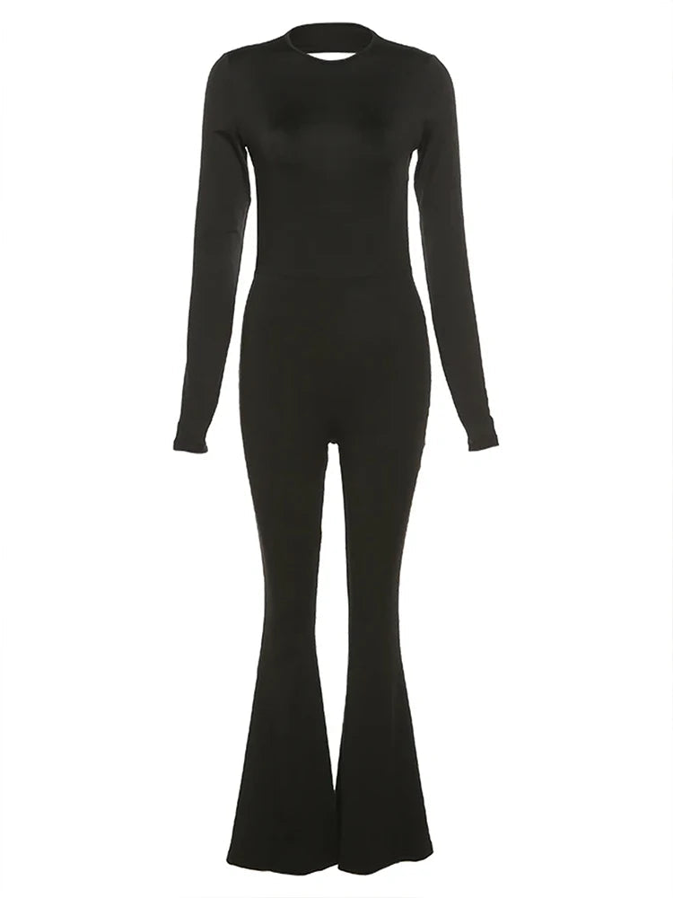 Jumpsuits Autumn New Women Sexy Black Backless Long Sleeve Bodycon Rompers Fashion Streetwear Flare Pants Casual Slim Jumpsuits ShedPoundsPortal