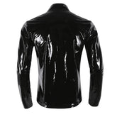 Men Wet Look Patent Leather Coat Long Sleeve Front-Zip Shiny Metallic Tops Fashion Man&