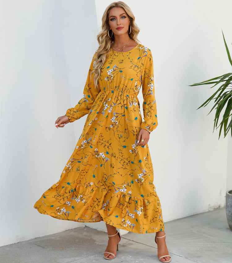 Women Eid Muslim Dresses Tight Waist O Neck Ruffles Spliced Casual Vestidos Flowers Dress Dubai Kaftan Islam Morocco Arab ShedPoundsPortal
