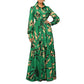 Elegant lapel print single breasted Waist tie long sleeved dress for spring and autumn women&