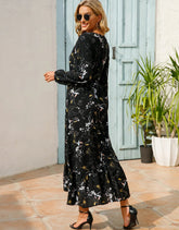 Women Eid Muslim Dresses Tight Waist O Neck Ruffles Spliced Casual Vestidos Flowers Dress Dubai Kaftan Islam Morocco Arab ShedPoundsPortal