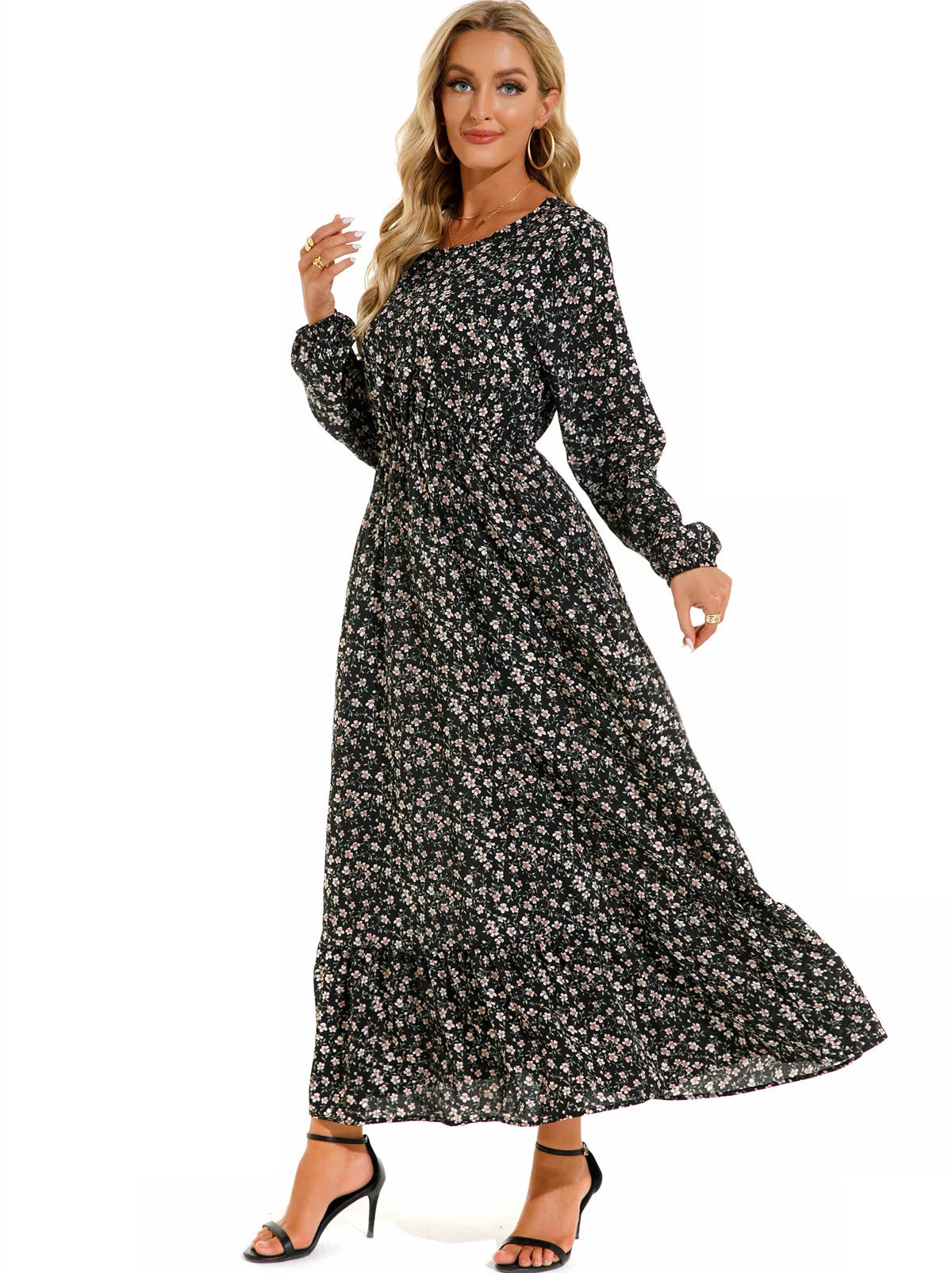 Women Eid Muslim Dresses Tight Waist O Neck Ruffles Spliced Casual Vestidos Flowers Dress Dubai Kaftan Islam Morocco Arab ShedPoundsPortal