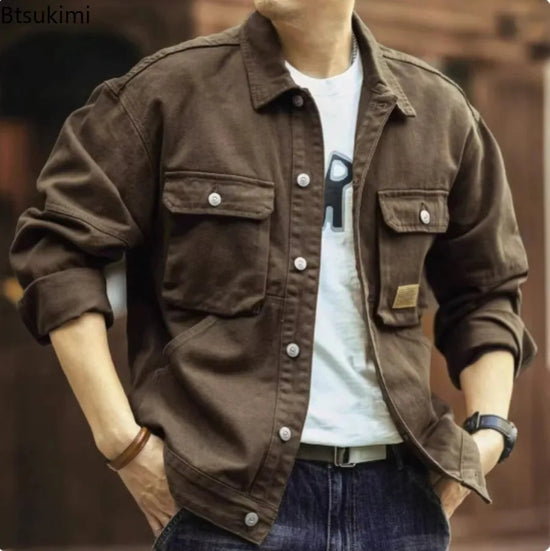 2025 Spring and Autumn New Fashion Solid Color Retro Cargo Jacket Men&