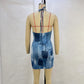 Summer New Fashionable Casual Sleeveless Hanging Neck Strap Denim Print Slim Fit Exposed Backpack Hip Dress