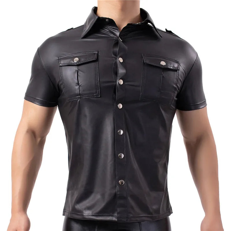 Mens Shirts Faux Leather T Shirts Nightclub Stage Costumes Short Sleeve Button Up Shirt PU Leather Latex Wetlook Dance Clubwear ShedPoundsPortal