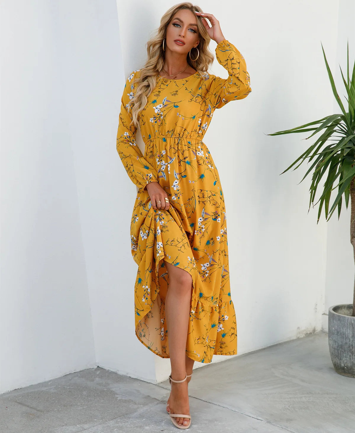 Women Eid Muslim Dresses Tight Waist O Neck Ruffles Spliced Casual Vestidos Flowers Dress Dubai Kaftan Islam Morocco Arab ShedPoundsPortal