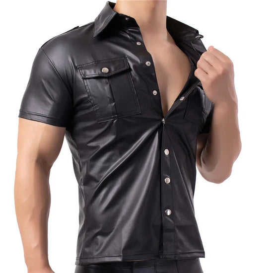 Mens Shirts Faux Leather T Shirts Nightclub Stage Costumes Short Sleeve Button Up Shirt PU Leather Latex Wetlook Dance Clubwear ShedPoundsPortal