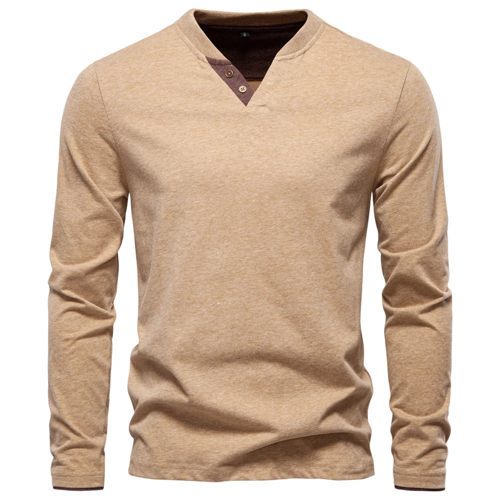 AIOPESON Henley Collar T Shirt Men Casual Solid Color Long Sleeve Autumn Fashion High Quality 100% Cotton Mens T Shirts ShedPoundsPortal