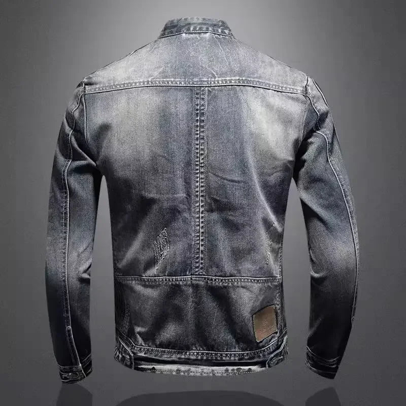 Trendy Stand Collar Zip-Uplapel Motorcycle Denim Jacket Unique Vintage Sports Top For Men Casual Trendy Brand Jacket ShedPoundsPortal