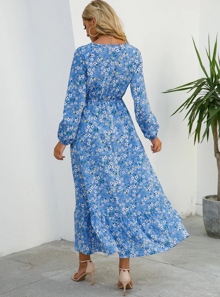 Women Eid Muslim Dresses Tight Waist O Neck Ruffles Spliced Casual Vestidos Flowers Dress Dubai Kaftan Islam Morocco Arab ShedPoundsPortal