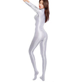 Sexy Women Zipper Full Body Jumpsuit Oil Glossy Sheer Solid Color Tights Bodysuits Long Sleeve Catsuits Smooth Swimsuits Rompers ShedPoundsPortal
