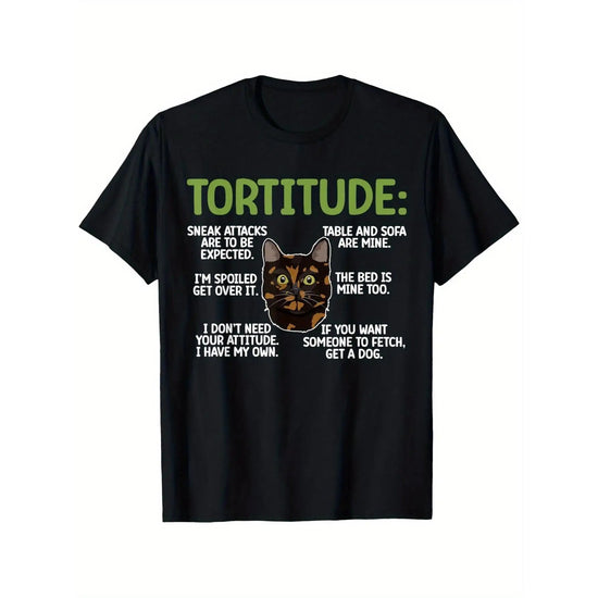 Tortitude Tortie Cat Lover T-Shirt - 100% Cotton, Funny & Creative Design with Humorous Cat Illustration, Black Crewneck Tee ShedPoundsPortal