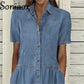 Elegant Solid Color Short Sleeve Denim Dress Summer Lapel Single-breasted Splice Dressy Female Comfortable Commuter Casual Gown