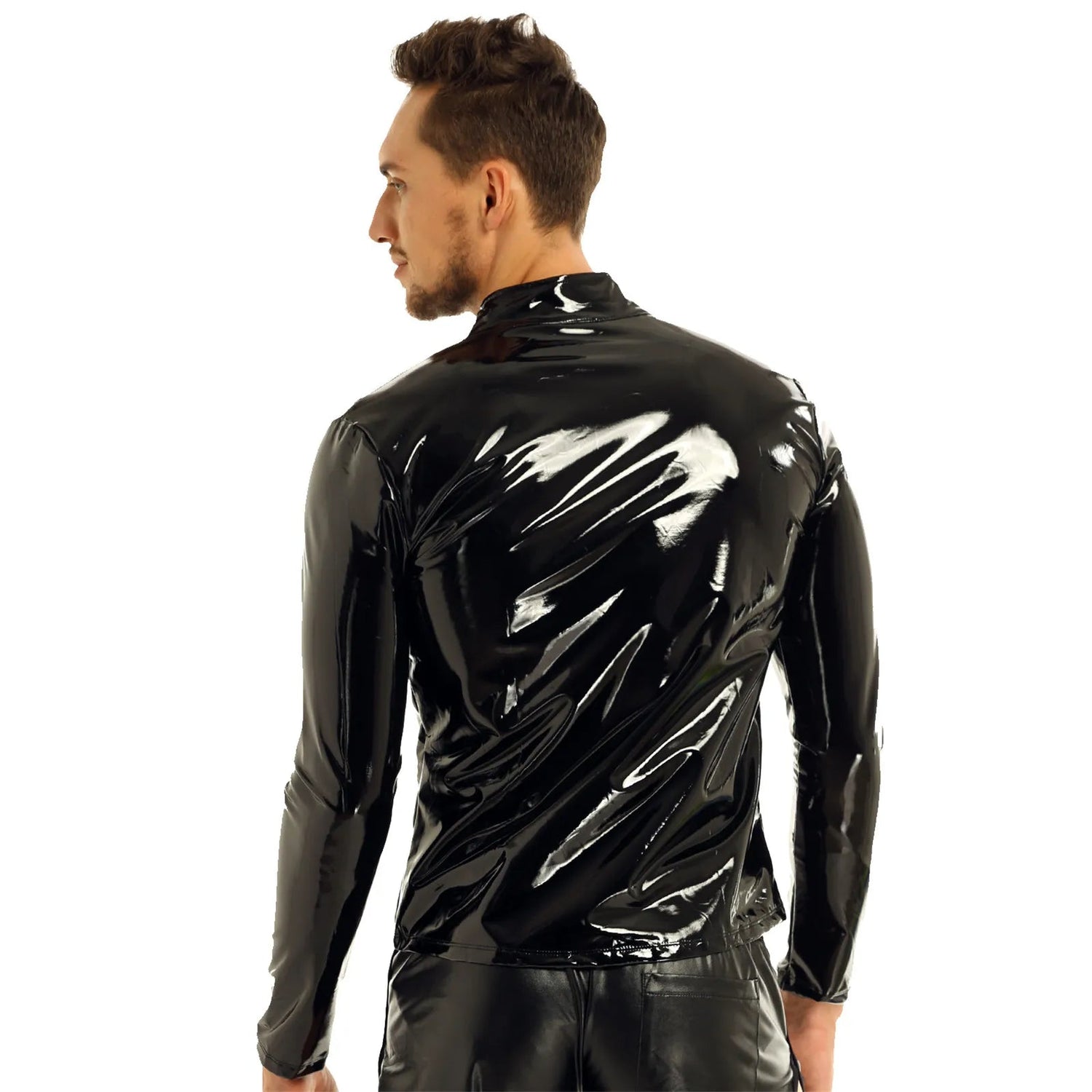 Men Wet Look Patent Leather Coat Long Sleeve Front-Zip Shiny Metallic Tops Fashion Man&