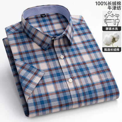 Cotton Fabric Breathable Men Oxford Short Sleeve Summer Plaid Striped Male Shirt Business Regular Fit Oversized Clothes ShedPoundsPortal