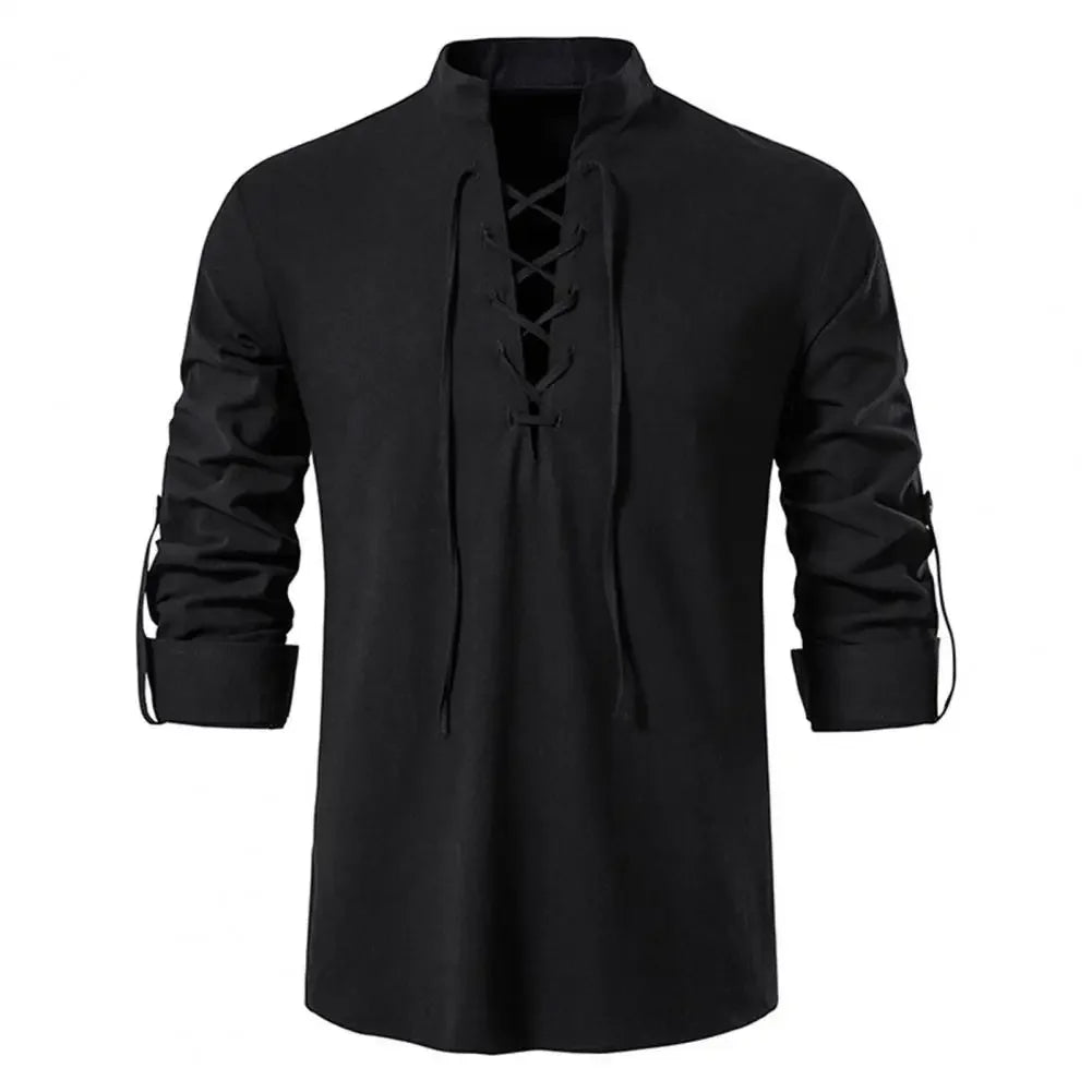Shirt Cotton Linen Flax Tops Lace Up Long Sleeves Blouse Mens V Neck Medieval Costume Embroidery Tunic Casual Shirt ShedPoundsPortal
